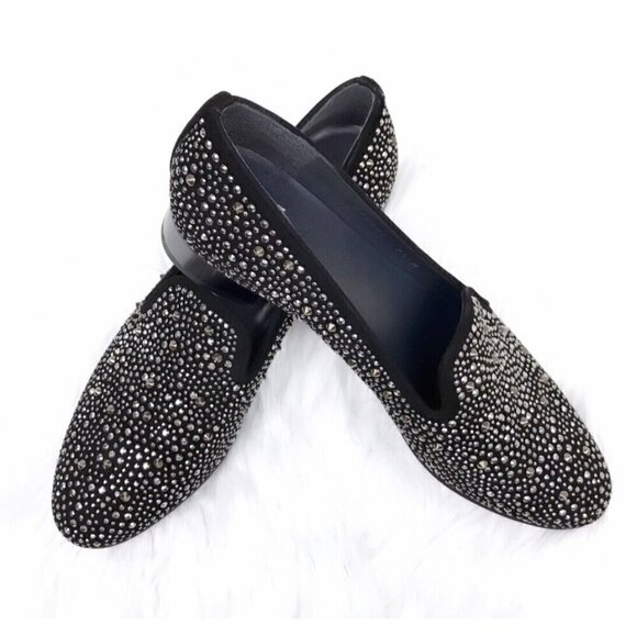 Stuart Weitzman Sz 6 M 6M Black Silver Studded Spiked Smoking Loafers Shoes - Picture 3 of 16